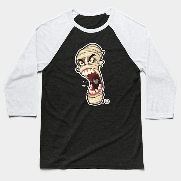 Halloween Mummy Angry Head Shot Baseball T-Shirt by Goin Ape Studios